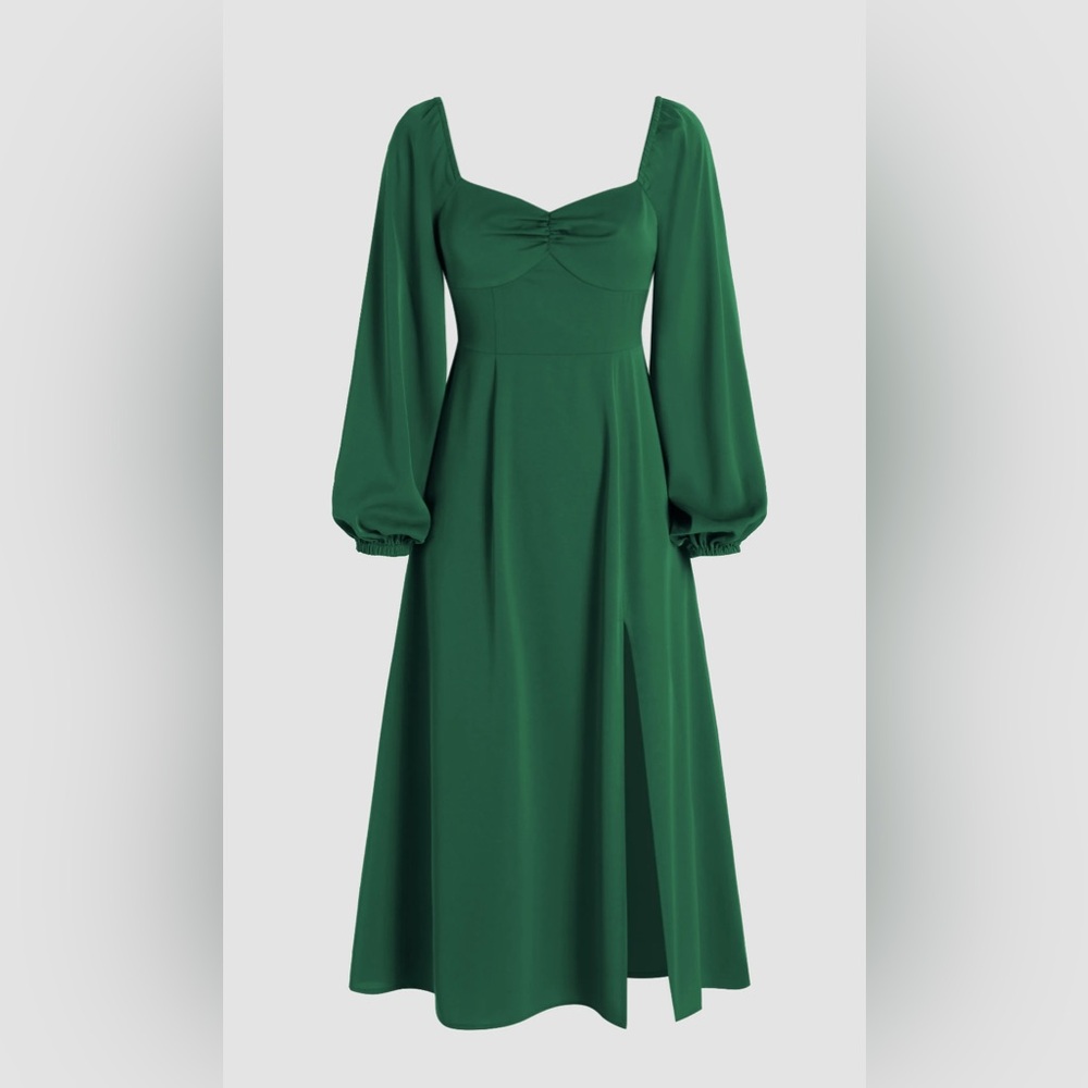 SOLID RUCHED LONG SLEEVE SPLIT MIDI DRESS